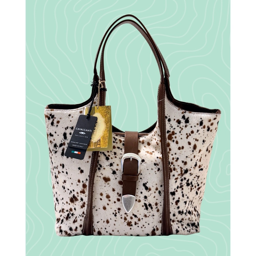 Cavalcanti Italy Cowhide Leather Tote Bag Salt Pepper Hair on Hide Western NWT